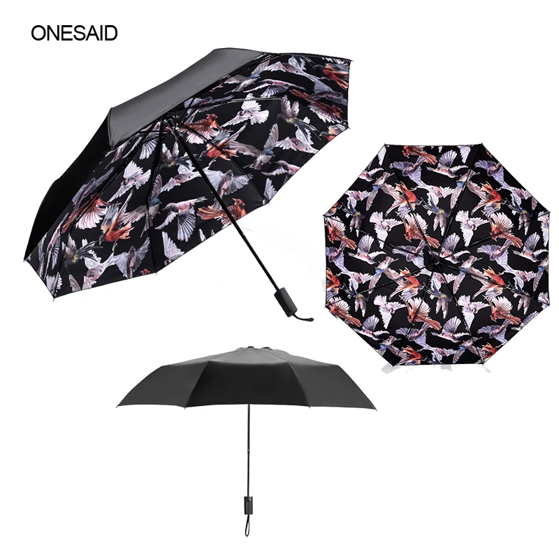ONESAID New Fashion Painting Umbrella Non-automatic Art Plastic 190T 8 Ribs Three Folding Creative Design Birds Paint Parasol | Дом и сад