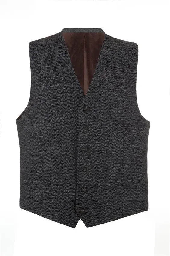 Charcoal Grey Herringbone Tweed Waistcoat Groom Vests British Style ...