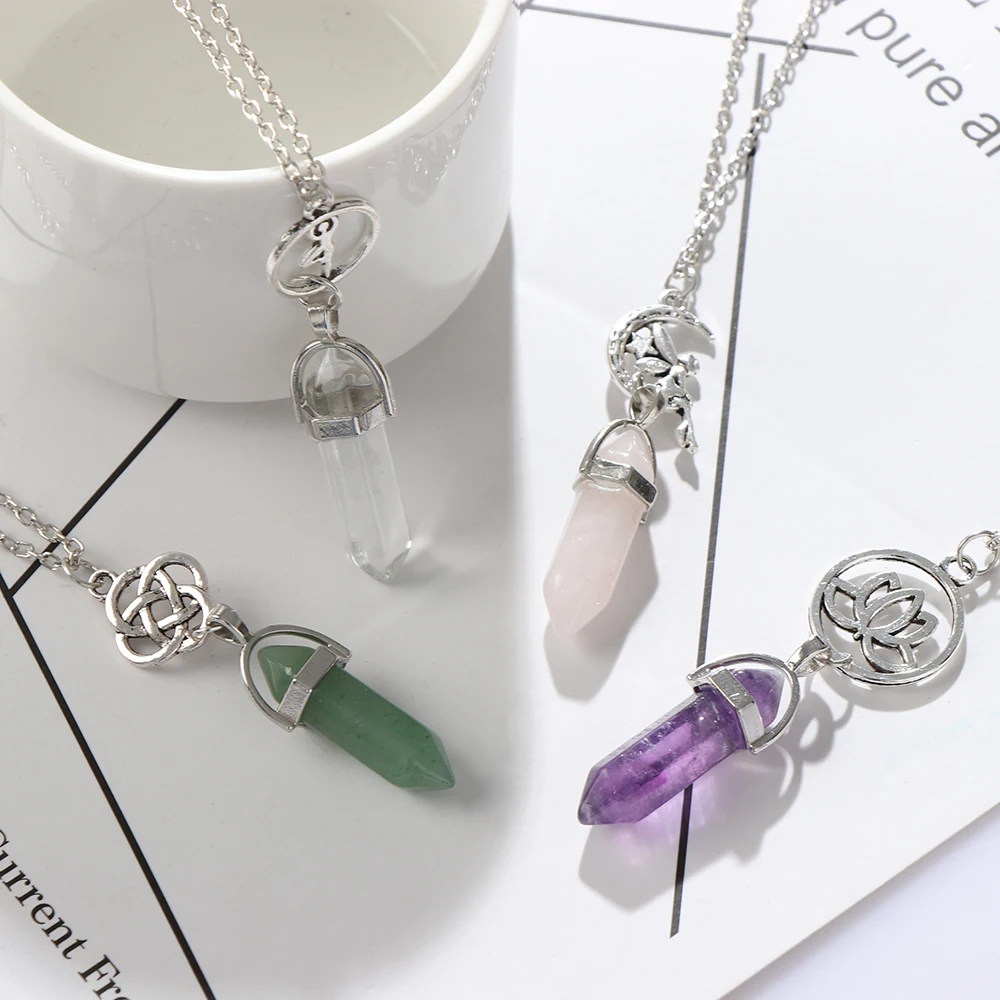 1 Pcs Fluorite Necklace Pendant Natural Stone Quartz Bullet Hexagonal Point Pendulum Column Reiki Healing Chakra Jewelry