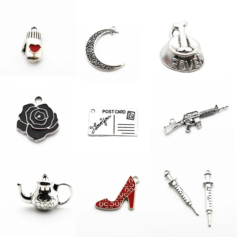 

12pcs/lot Silver Alloy weapon high-heeled shoes rose Dangle Charms Lobster Clasp Hanging Charm fit Bracelet&Pendant Necklace