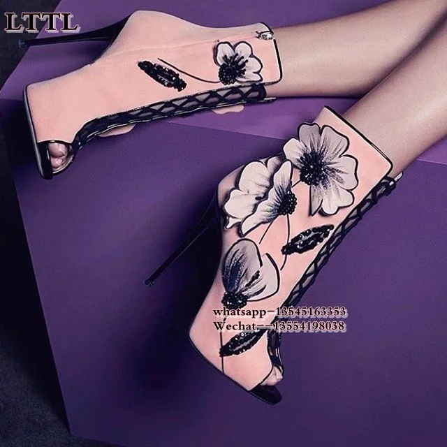 

2017 Fashion Women Spring Winter Suede Boots Flowers Booties Top Quality Ankle Boots open toe lace up high heel ankle boots