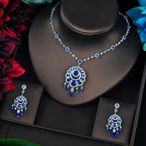 Серьги и ожерелье с кисточками из блестящего кубического циркония, набор женских свадебных ювелирных изделий, вечерние ювелирные аксессуары, N-683 - Окраска металла: blue