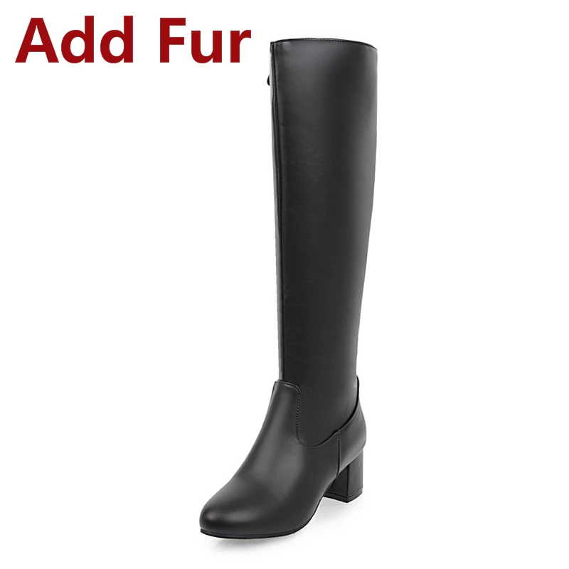 black add fur KARINLUNA/модные сапоги до колена, большие размеры 31-45 теплые зимние сапоги для верховой езды с плюшевой подкладкой на квадратном каблуке Женская обувь черного и белого цвета - Цвет: black add fur