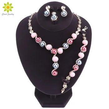 

New Fashion Gold Color Bridal Necklace & Earrings Imitation Pearl Jewelry Set Brides Wedding Jewellery Party Costume Accessories