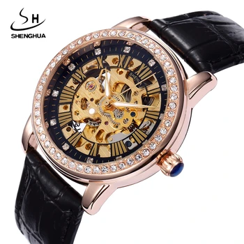 

2017 Shenhua Mechanical Watch Women Famous Brand Rose Gold Skeleton Automatic Watches Ladies Fashion Rhinestone Wristwatch Gift