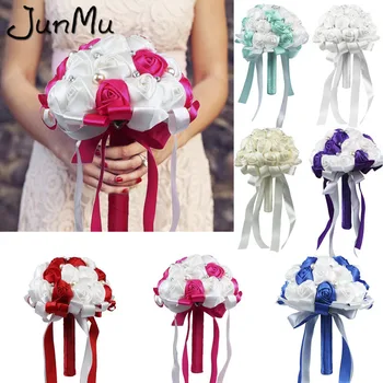 

Wedding Bouquet Bridal Bridesmaid Rose Flower Artificial Satin Rose Handmade Posy Rhinestone Pearl Decor