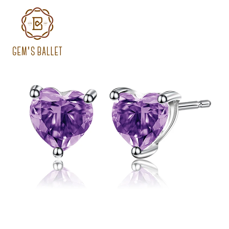 

Gem's Ballet Heart Shape 6mm 1.57Ct Natural Amethyst Gemstone Stud Earrings 925 Sterling Silver Fashion Jewelry for Women
