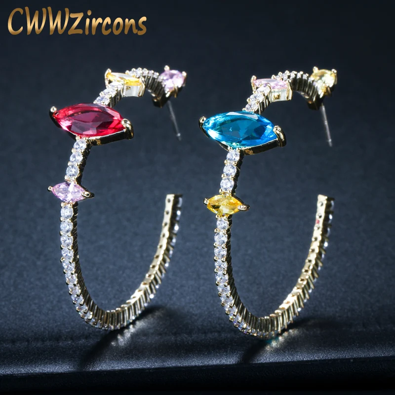 

CWWZircons 2018 New Design Circle Round Red and Blue Cubic Zirconia Crystal Yellow Gold Color Big Hoop Earrings for Women CZ437