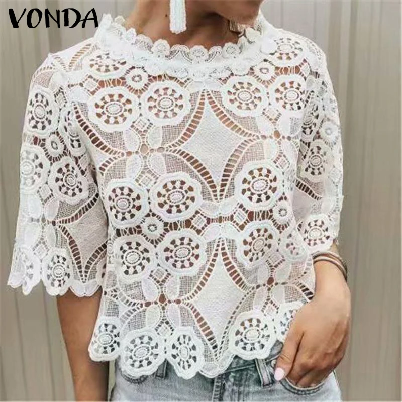  VONDA Women Hollow Lace Blouse 2019 Summer Bohemian Blusas Sexy O-Neck Short Sleeve Tops Casual Off