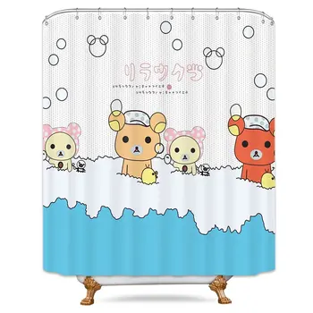 

Kids Cartoon Bear Funny Shower Curtain Free Metal Hooks Beige White Blue Rilakkuma Bubble Animal Decor Fabric Set