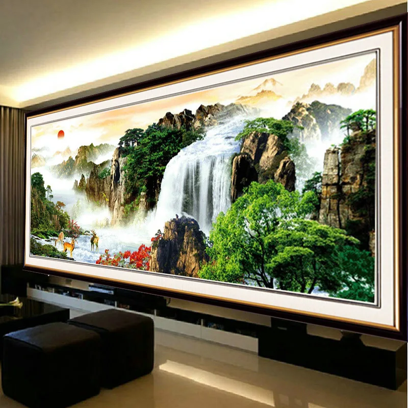

Needlework DIY Chinese Cross-stitch Full Embroidery Kits Landscape Waterfall Counted Print on Canvas Handmade Crafts Home Decor