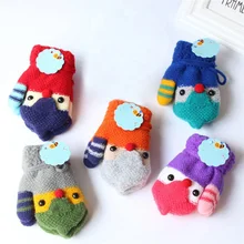 Детские Зимние перчатки для детей, теплые вязаные эластичные детские перчатки, полные митенки для пальцев, мультяшная сова, толстые вязаные детские перчатки