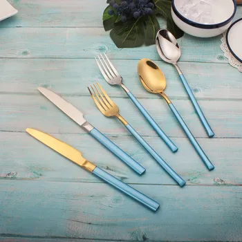 

24pcs/set New Ins Light Blue Silver Stainless Steel Cutlery Set Flatware Set Dinner Knife Fork Spoon Set Dinnerware Tableware