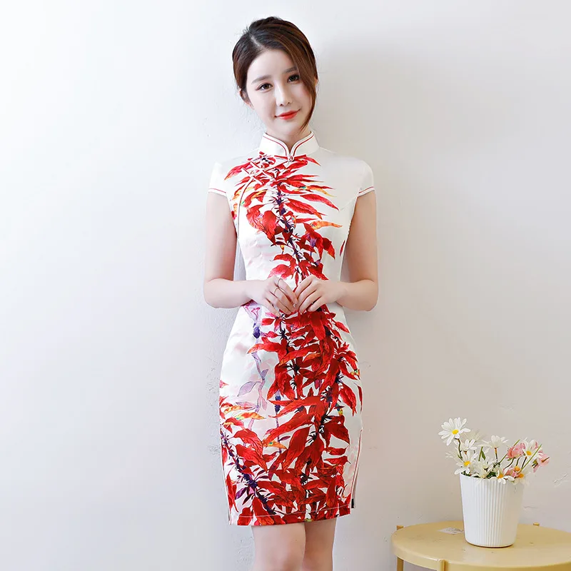 Элегантный китайское платье Китай Qipao короткие Cheongsam современные летние Для женщин пикантные цветы девушка мини-Флорес Седа Oriental воротники - Цвет: long qipao