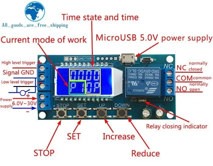 

6-30V Micro USB Digital LCD Display Time Delay Relay Module Control Timer Switch Trigger Cycle Module XY-LJ02