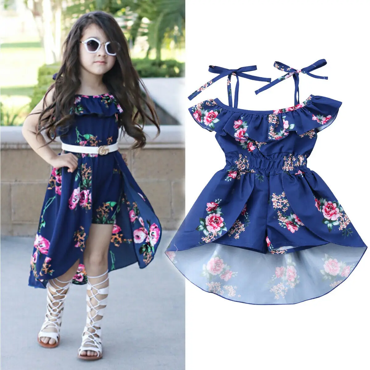 Verano 2019, ropa para niños pequeños, Ropa para Niñas, vestidos con floral y hombros al monos, mono, cortos, traje de playa 6M 5Y|Vestidos| AliExpress