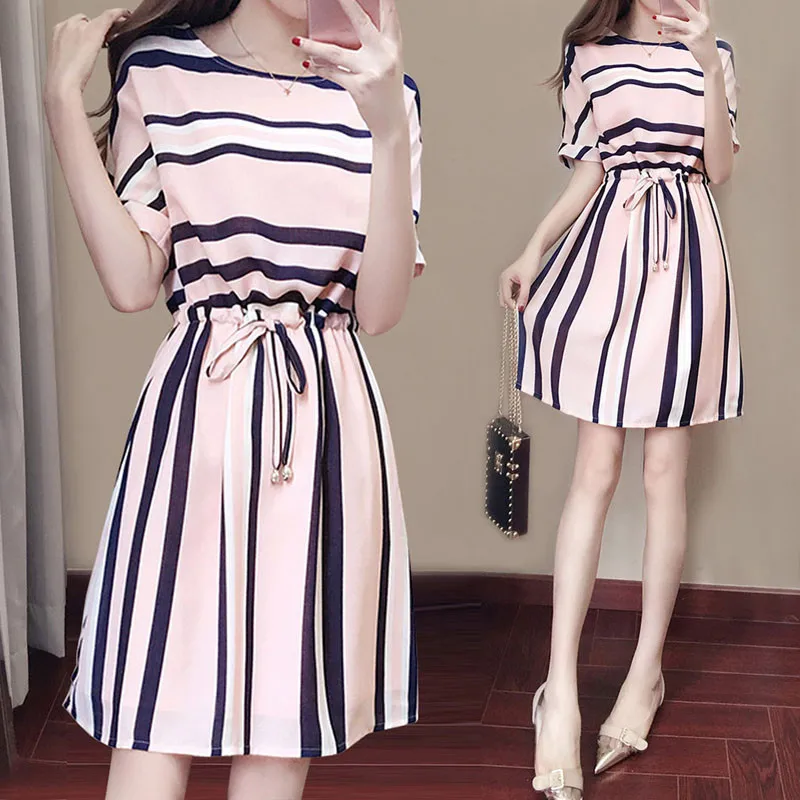 2018 Summer Korean Style Casual Stripe Dress Female Dress O neck Slim Mini A line Dresses Short