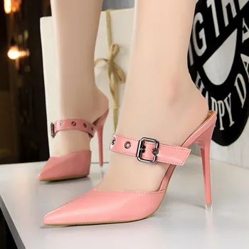 

2019 Summer Women 10.5cm High Heels Buckle Strap Mules Shales Slides Female Strange Heels Slippers Pointy Fashion Pink Shoes