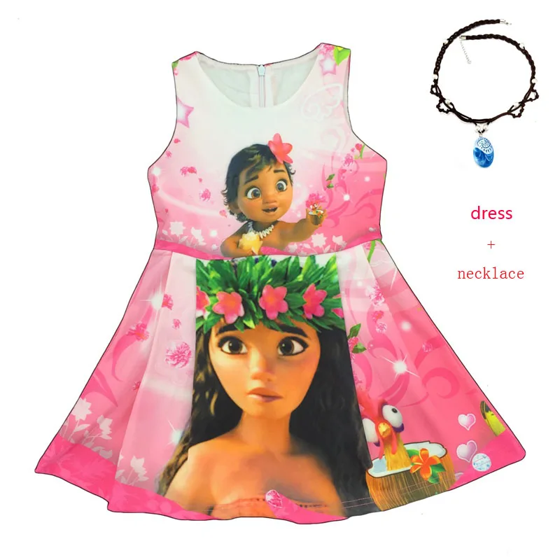 

2017 vaiana kids Girls Clothing Dresses Printing Moana Teenagers Dress + necklace Summer Sleeveless Christmas Carnival Costumes