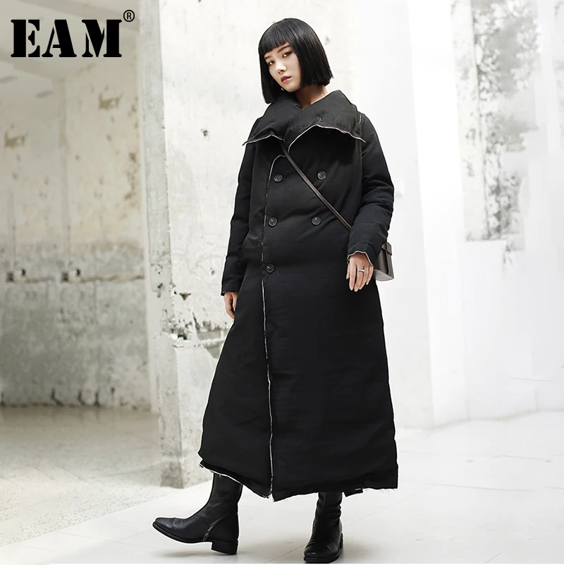 Coton Noir Longues Revers Manches Jk101 eam 2019 Mode Manteau Parkas Long Lâche rembourré Burr Femmes Nouveau Printemps Black Épaississement wAzBR