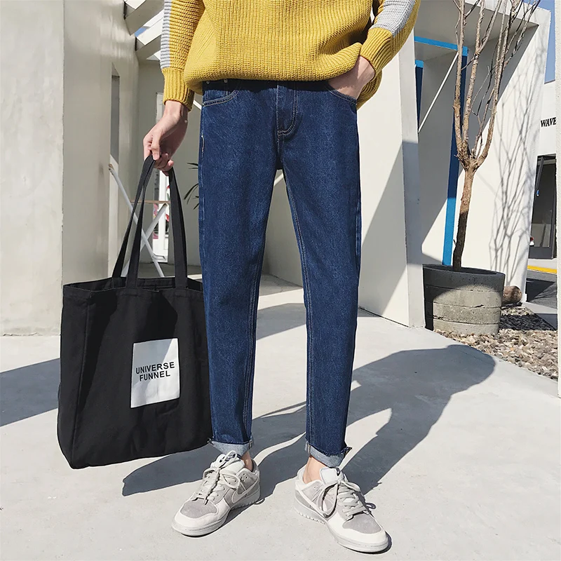 2018 New Men Fashion Casual Loose Classic Blue Small Straight Leg Cowboy Pants Baggy Homme Jeans Tapered Denim Trousers S-XL