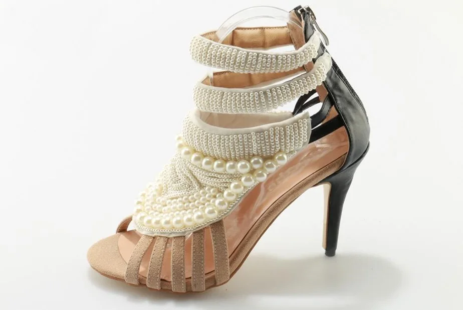

Summer Gorgeous Pearl Open Toe Women Sandals Beaded Embellished Cut Outs Ankle High Short Booties Back Zipper Thin Heel Pumps