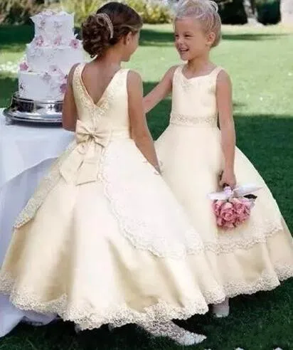 

Gold Satin Ball Gown Flower Girl Dresses Lace Beading Little Girls Pageant First Communion Gown Girls Birthday Dress Custom Made