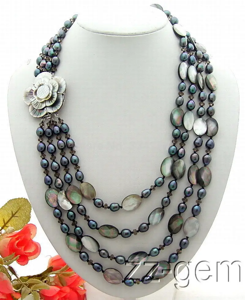 

4Strands Black Pearl&Black Shell&Smoky Quartz Necklace-Cameo Clasp