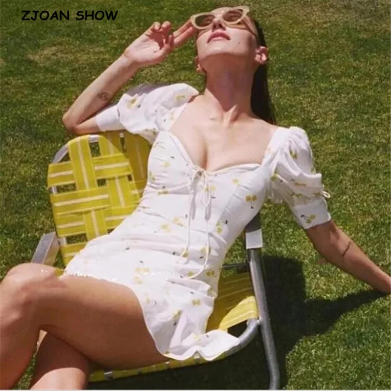 

2019 New Retro Yellow Cherry Print White Mini Dress French Women Tide Bow Short Sleeve Deep V neck Slim fit Short Dresses