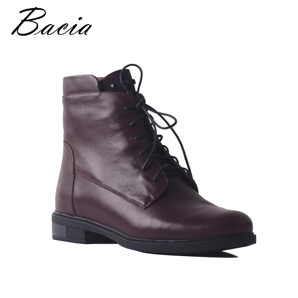 

Bacia Sheepskin Ankle Shoes Women Genuine Leather Boots Wine Red Warm Short Plush Winter Boots Fashion Cross-Tied Shoes SB087