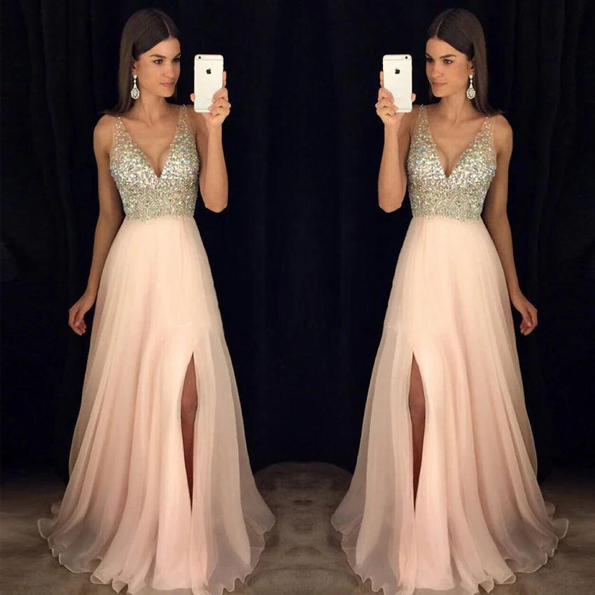 

Sparkling Crystals Evening Dresses Sexy V-neck Sleeveless Chiffon Prom Dress Backless Formal Gowns with Side Slit