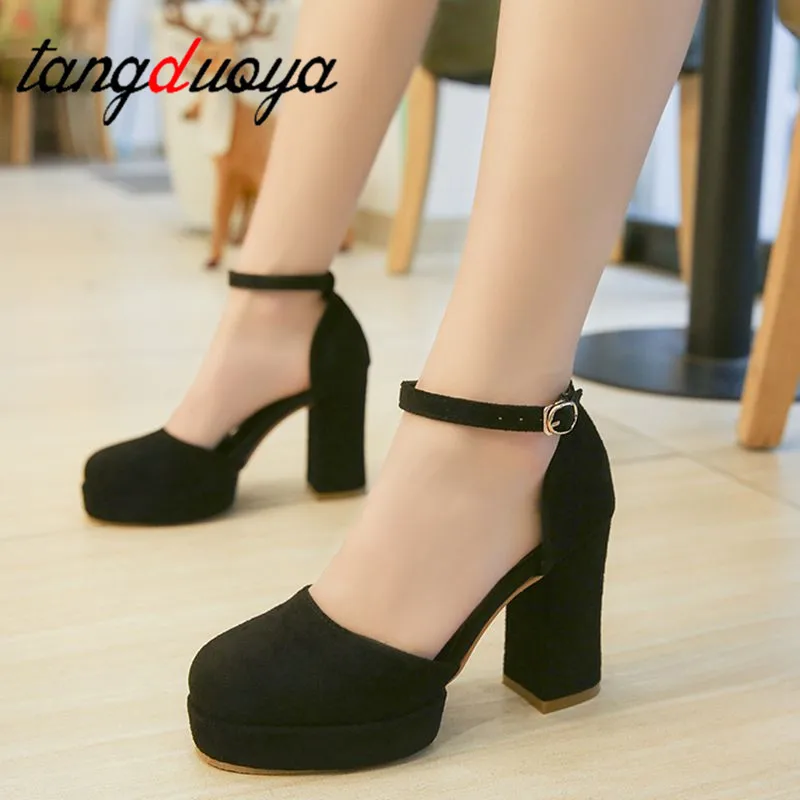 

Autumn High Heels Women Pumps Platform Suede Shoes Women Ankle Strap Thick Heeled Ladies Shoes Comfortable Working Shoes