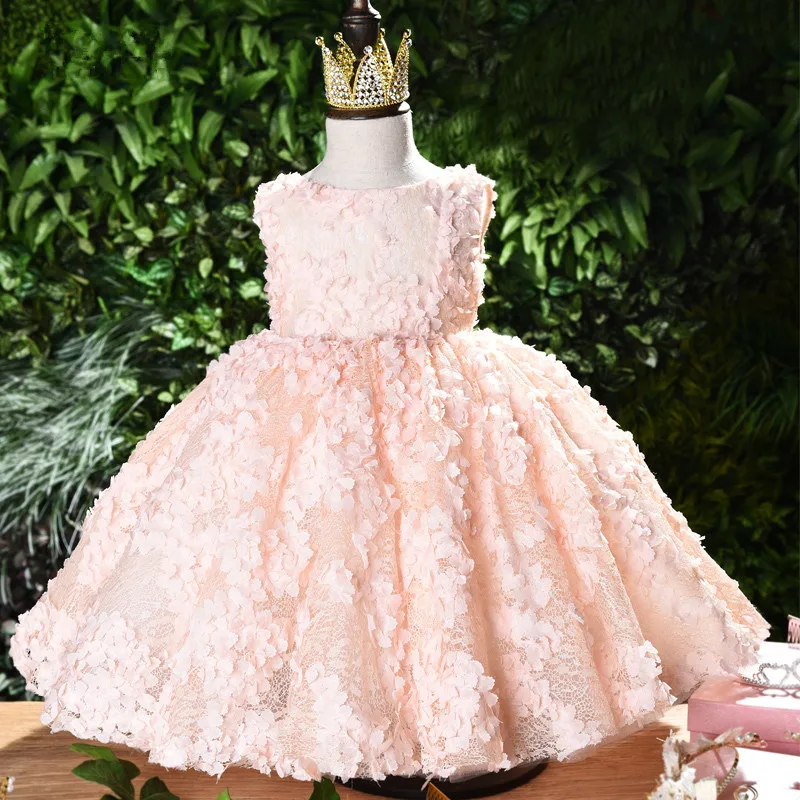 Goedkoop 2018 Baby Zomer Jurk Roze Kant Peuter Meisjes Doopjurk Applicaties Baby Meisje Verjaardag Doop Jurk Prinses kostuum