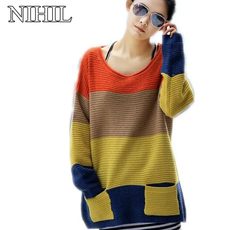 

Fashion Women Knitted Sweaters 2018 New Autumn Long-Sleeve O-Neck Clothing Tops Ladies Pathwork Pockets Loose Pullovers Knitwear