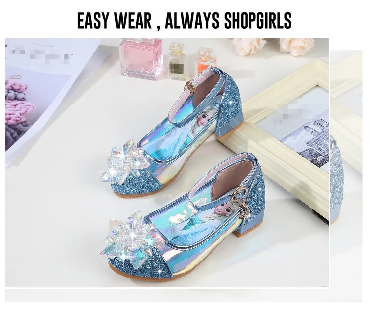 Блестящие сандалии с блестками для девочек; модные туфли принцессы Эльзы для костюмированной вечеринки; вечерние туфли для танцев; детская кожаная обувь; стразы