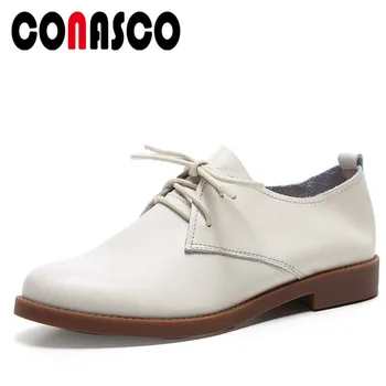 

CONASCO Fashion Women Basic Pumps Cross-tied Casual Square Heels Shoes Woman Brand Genuine Leather Quality Office Shallow Shoes
