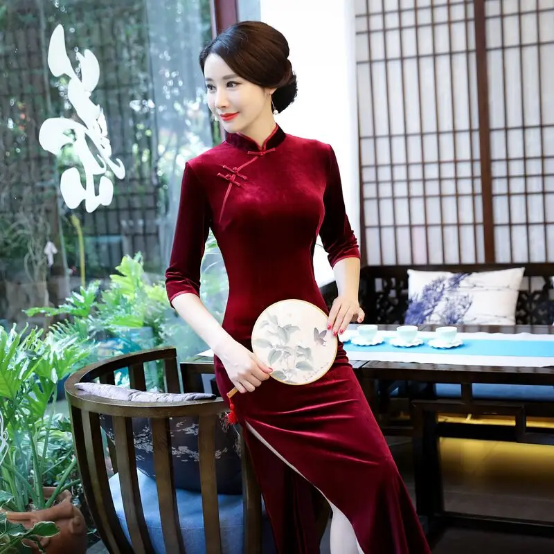 Модное женское длинное платье Ципао, Новое поступление, китайский стиль, велюровое платье, элегантное платье Ципао, Vestidos, Размеры S M L XL XXL XXXL 4XL 32973