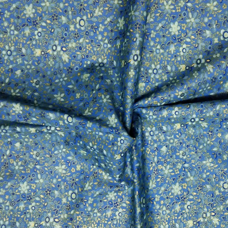 

160cm Width Gold Stamping Blue Mixed Green All Over Small Flowers Printed 100% Cotton Fabric for quilting bedding cloth apparel
