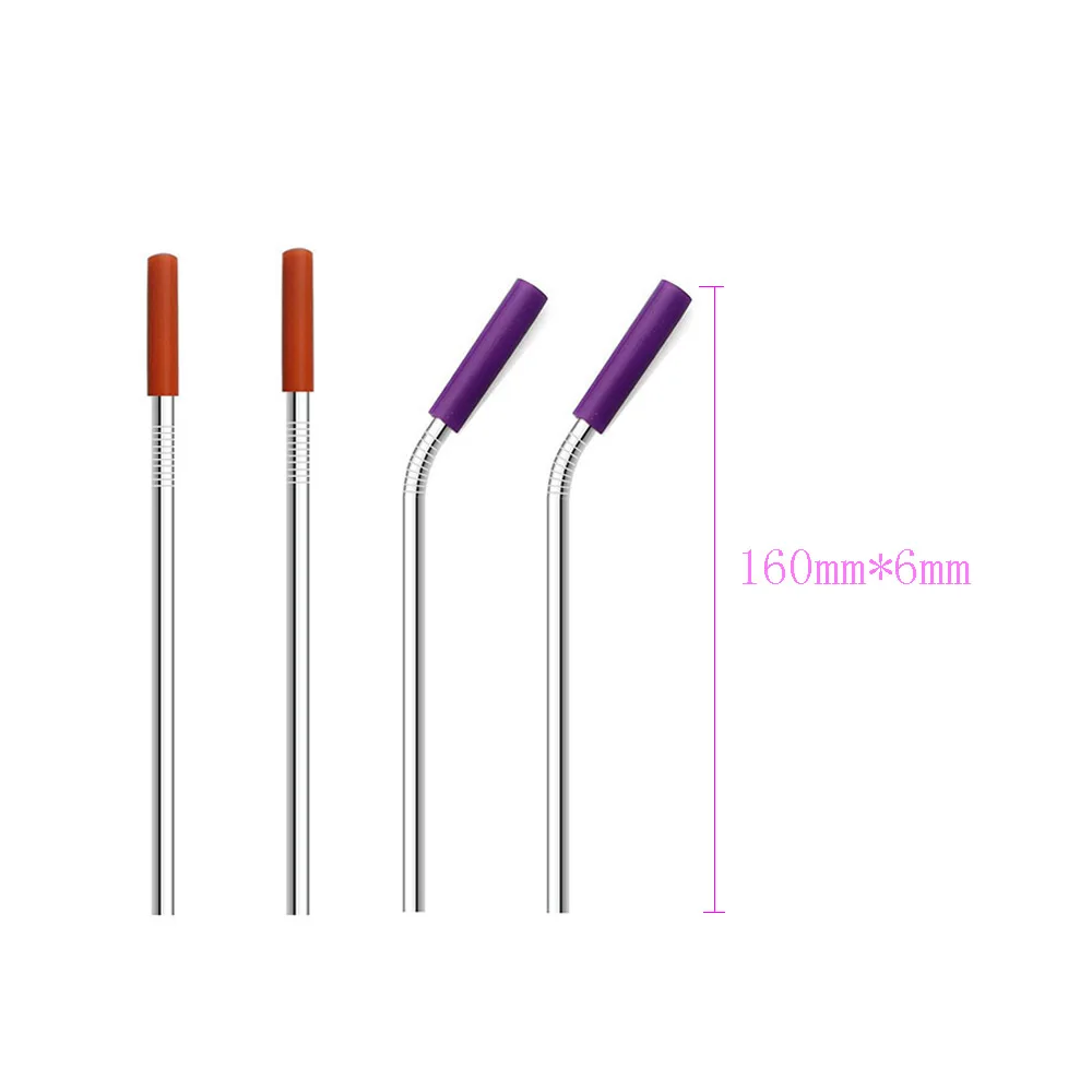 160x6mm Red purple Лидер продаж 16/19/21/23/26 см 304 из нержавеющей стали, многоразовый металлическая соломинка прямые/Изогнутые соломинки с силиконовыми наконечниками - Цвет: 160x6mm Red purple