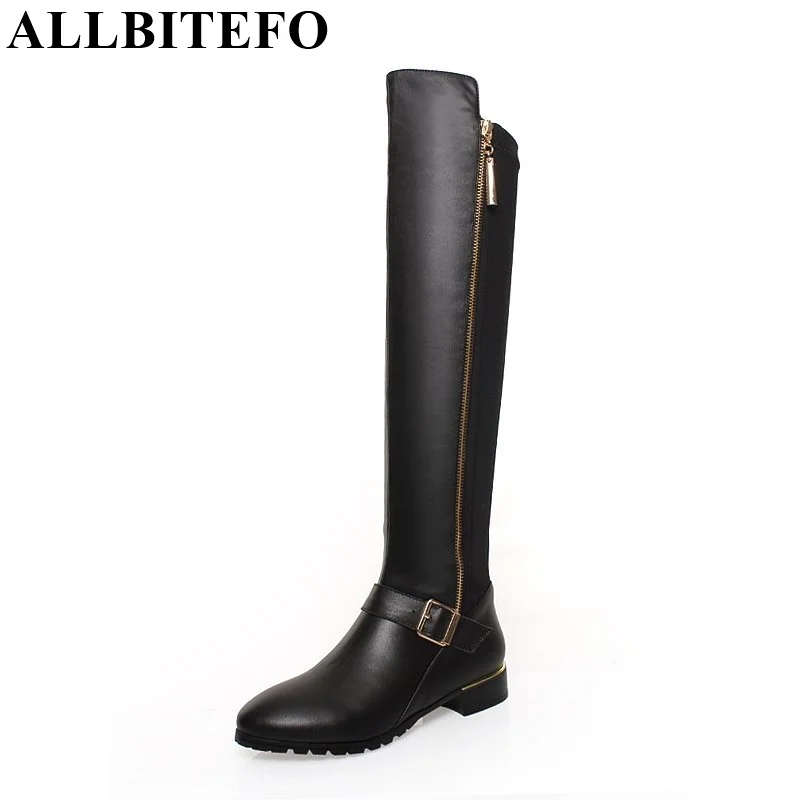 ФОТО ALLBITEFO gold zip design flat women boots genuine leather +PU knee high boots 2016 new women motorcycle boots,EURO size 34-42