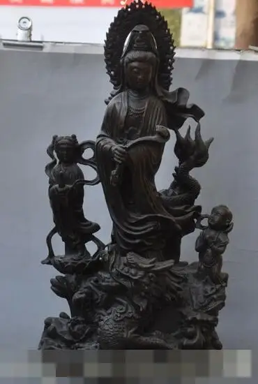 

S01204 18"china buddhism bronze boy girl stand dragon KwanYin Bodhisattva buddha statue