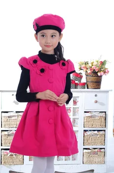 

New 2016 Girl's Woolen Dress With Cap ,Princess Dress,Casual Dress, (Red,Rose)Height 110-160cm