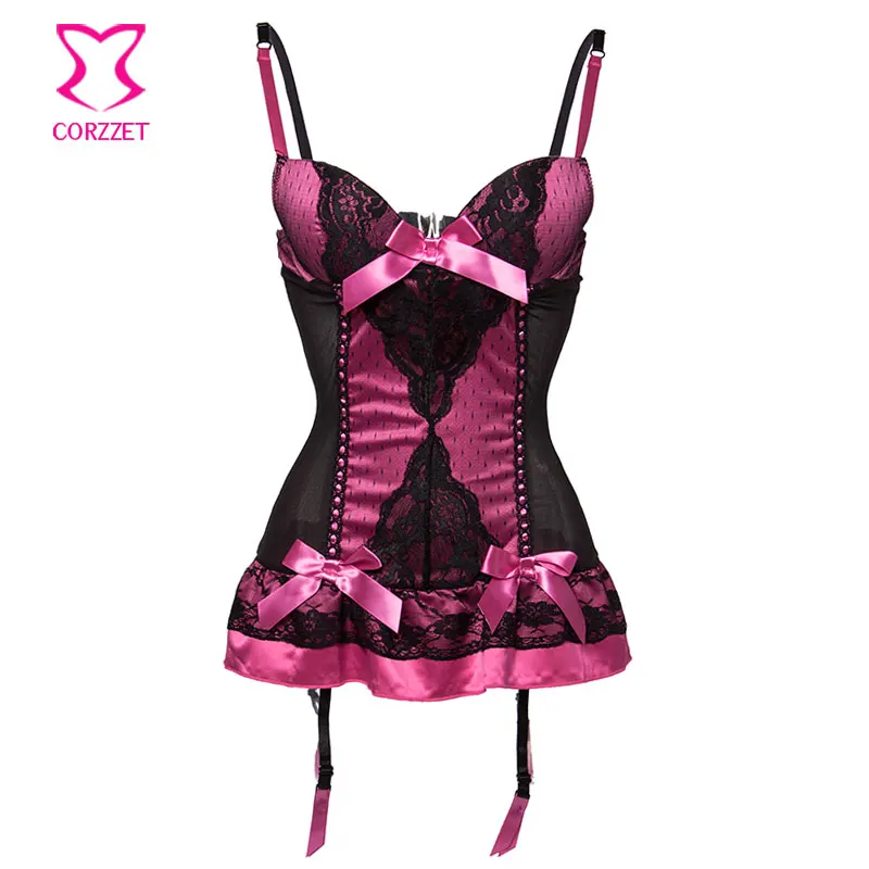 

Hot Pink Satin and Black Mesh Push Up strap bow Bustier Sexy Lingerie Plus Size Women Nightwear Chemise Fancy Underwear Babydoll