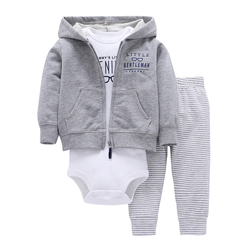 

baby boy spring clothes gray Long sleeve jackets+romper+stripe pants cotton clothes set for newborn 0-24m baby girl costume