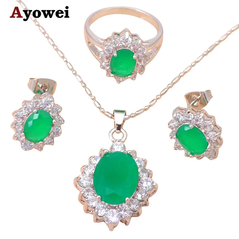 

Gorgeous Fashion Jewelry sets Silver tone Green Crystal best quality Earrings Necklace Ring Sz #9 #7 Jewelry sets JS274A