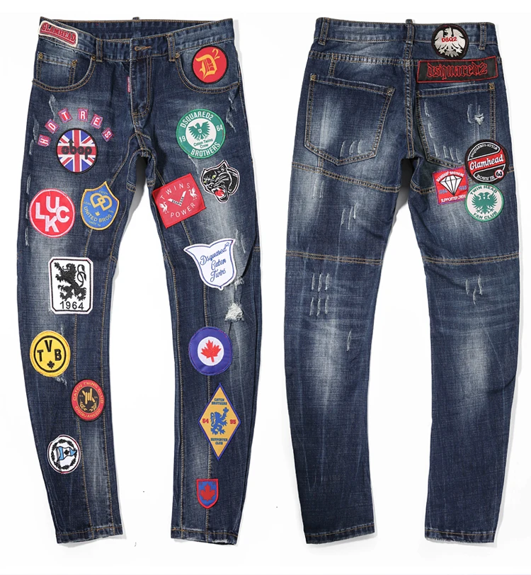 

New hole stitching men's slim small straight jeans Europe and America style embroidery multi-badge trend men's pants