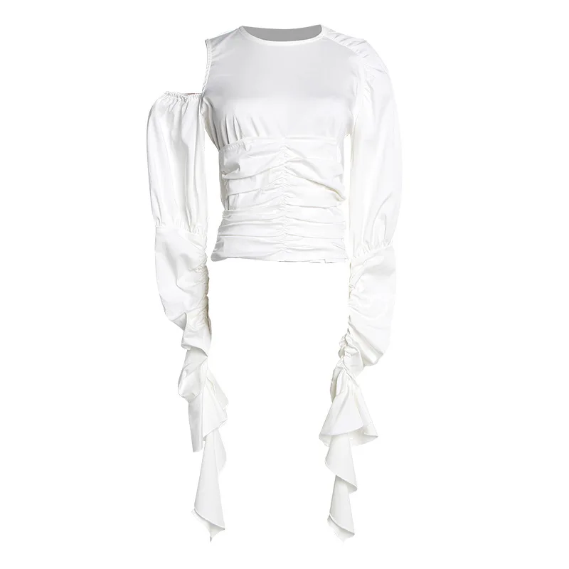 

2019 spring and summer new personality single side strapless unique design elastic lotus leaf wide sleeve shirt white