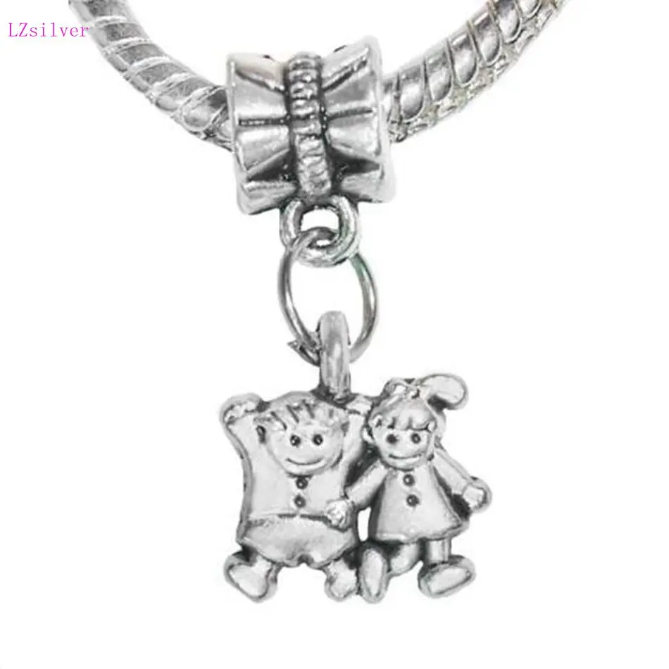 

200pcs Ancient silver Little Boy Girl Son Daughter Kids Twins Charm Pendants Bead for European Bracelet 25mm x 12mm A01597