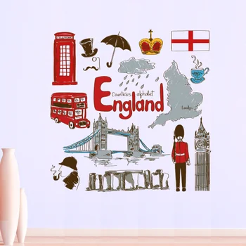 

England Colorful Illustration Travel The Word Landmark Wall Sticker Wedding Decor Vinyl Waterproof Wall Sticker Wallpaper Decal