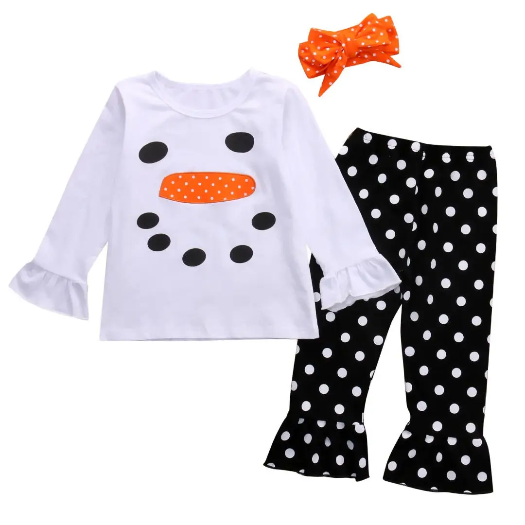 2016 New Baby Girls Clothes Set Autumn Winter Snowman T-shirt+ Ruffle Polka Dot Pants+Hairband 3Pcs Outfits Sets Christmas Suit